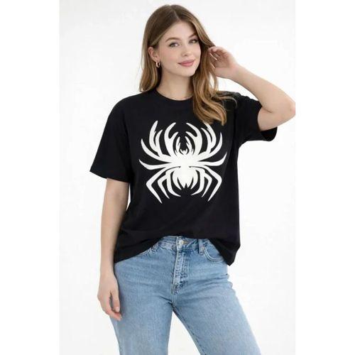Örümcek Baskılı Tişört Kısa Kollu Bisiklet Yaka T-Shirt - Siyah