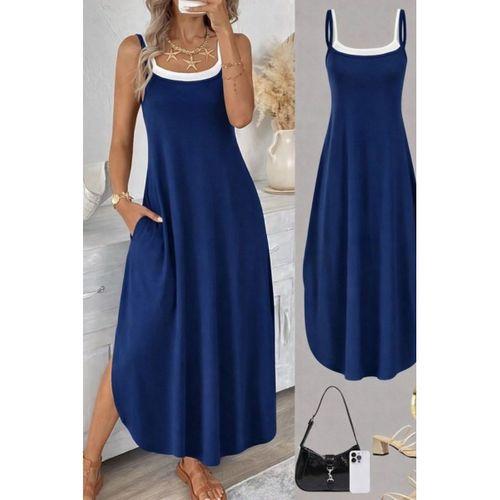 Kadın Ip Askılı Yuvarlak Yakalı Cepli Uzun Viskon Elbise