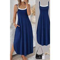 Kadın Ip Askılı Yuvarlak Yakalı Cepli Uzun Viskon Elbise