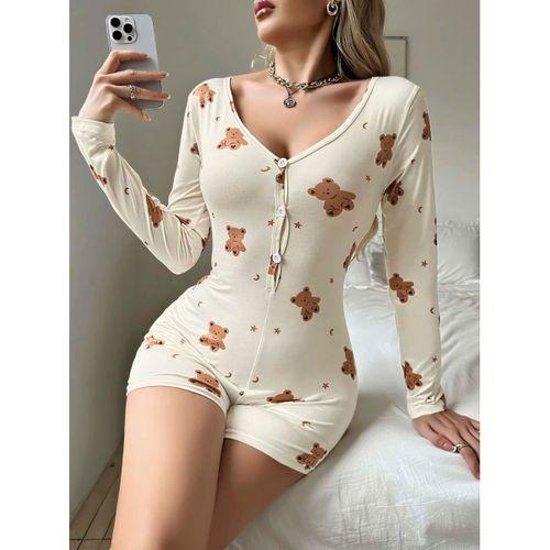 Kadın Bej Ayıcık Desenli Pijama Tulumu 5123