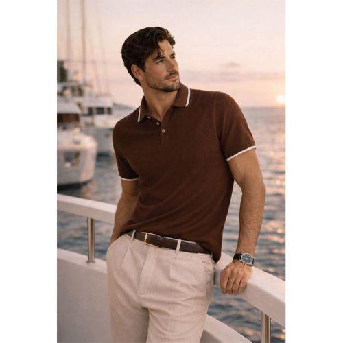 Balzac Yakası Şeritli Düğmeli Polo Yaka Basic Günlük Petek Örgü Triko Erkek T-Shirt - Kahve