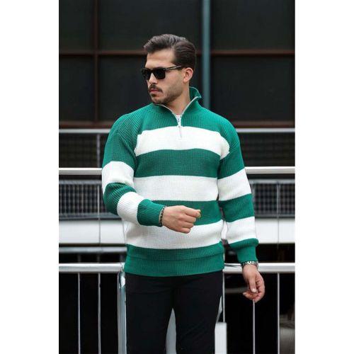 Oversize Çizgili Selanik Örgülü Yarım Fermuar Triko Erkek Kazak - Yeşil