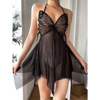 Kelebek Görünümlü Fantezi Tül Siyah Gecelik