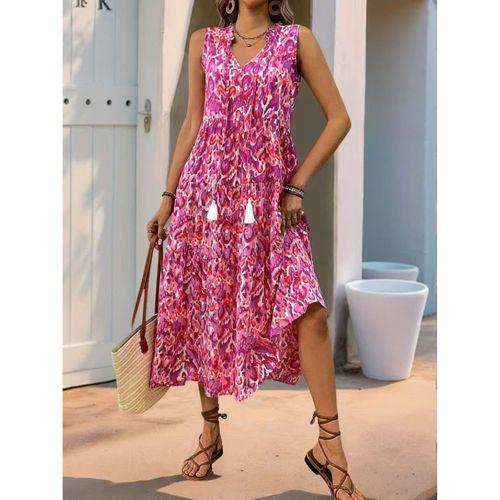 Kadın Askılı Yakası Fırfırlı Bağcıklı Desenli Uzun Süprem Elbise