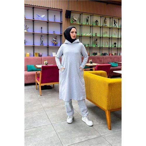 Kapşonlu Yandat Çıtçıtlı Sade Basic Uzun Tunik ve Pantolon İkili Spor Takım - 03071.008 - Gri