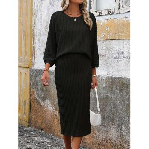 Kadın Uzun Kollu Yuvarlak Yakalı şardonlu Kaşkorse Bluz Ve Etek Ikili Takım