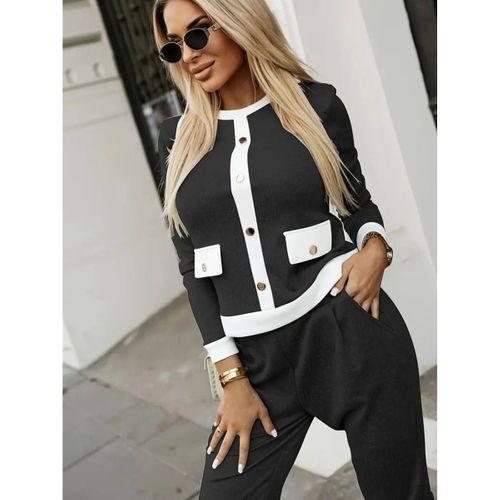 Kadın Uzun Kollu Bisiklet Yaka önden Düğmeli şardonlu Kaşkorse Bluz Ve Pantolon Ikili Takım