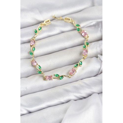 Pirinç Gold Renk Pembe Zirkon Taşlı Çiçek Model Kadın Bileklik