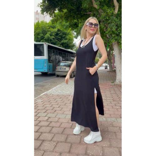 Kadın Askılı Yuvarlak Yakalı Cepli Yırtmaç Detaylı Viskon Elbise Ve Atlet Ikili Takım