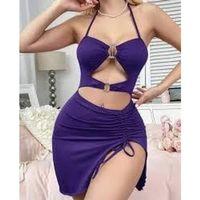 Kadın Mor Fantezi Elbise Önden Büzgü Dekolteli 5083