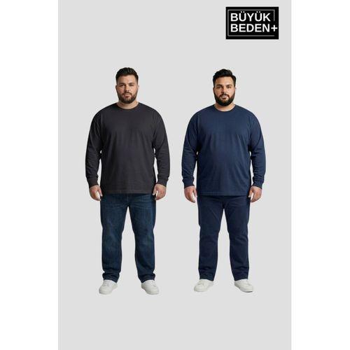 Erkek Büyük Beden 2 li Set Uzun Kollu 2 İplik Bisiklet Yaka Tişört SPR26BEA942+2