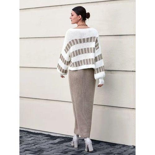 Kadın Uzun Kollu Kayık Yakalı Salaş Triko Bluz Ve Etek Ikili Takım