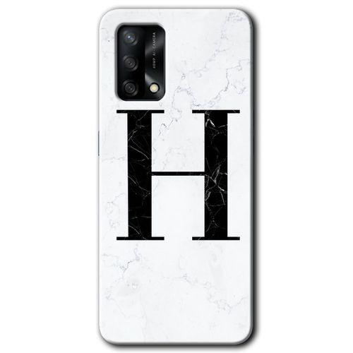 Oppo A74 Kılıf HD Desen Baskılı Arka Kapak + Temperli Cam - Beyaz Mermer Desenli H Harfi