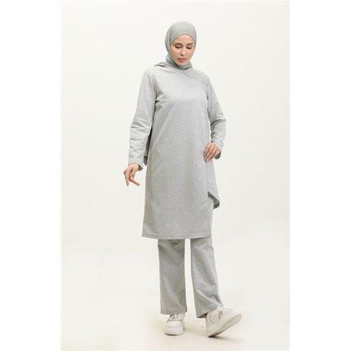 Kruvaze Bisiklet Yaka Sade Basic Tunik Panolon İkili Takım - 03076.008 - Gri