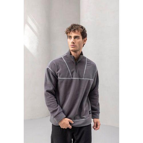 Crowe Çizgi Şeritli Oversize Yarım Fermuar Polar Erkek Sweatshirt - Füme