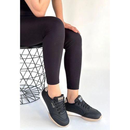 Tawen Siyah Cilt Bej Tabanlı Bağcıklı Spor Ayakkabı