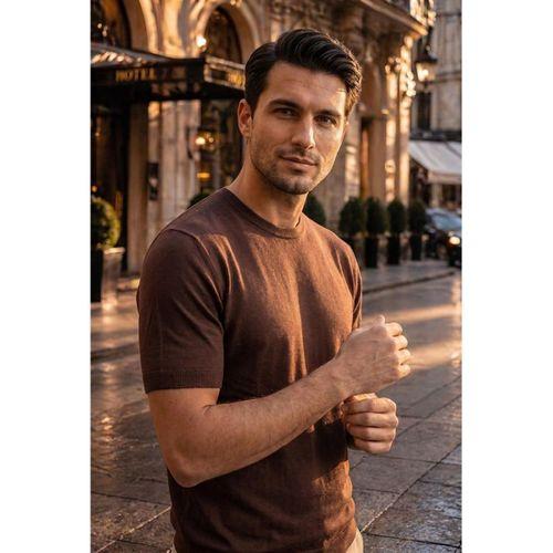 Kwon Bisiklet Yaka Basic Kısa Kollu İnce Triko Erkek T-Shirt - Kahve