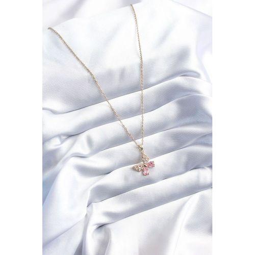 Erb 316L Çelik Gold Renk Pembe Zirkon Taşlı Kelebek Model Kadın Kolye