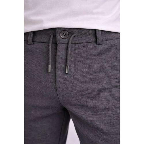 Erkek Diagonel Mikro Dokulu Duble Paça Cepli Pantolon Bağcıklı Bel, Modern Kesim - Füme