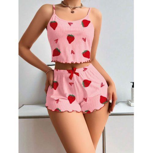 Pamuklu Pembe Üstüne Çilek Desen Fitilli Askılı Şortlu Pijama Takımı