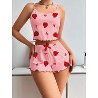 Pamuklu Pembe Üstüne Çilek Desen Fitilli Askılı Şortlu Pijama Takımı