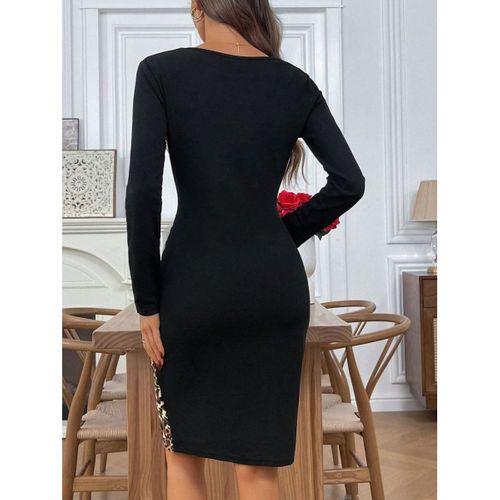 Kadın Uzun Kollu Bisiklet Yaka Yandan Büzgü Ve Leopar Detaylı Mini Ithal Krep Elbise