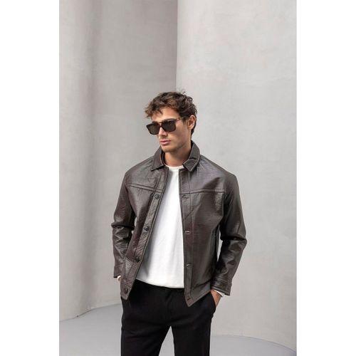 Denzel Düğmeli Yan Cepli Deri Görünümlü Erkek Ceket - Kahve