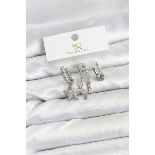 Pirinç Gümüş Renk Zirkon Taşlı Yıldız Vintage Model YSX Trio Küpe Seti