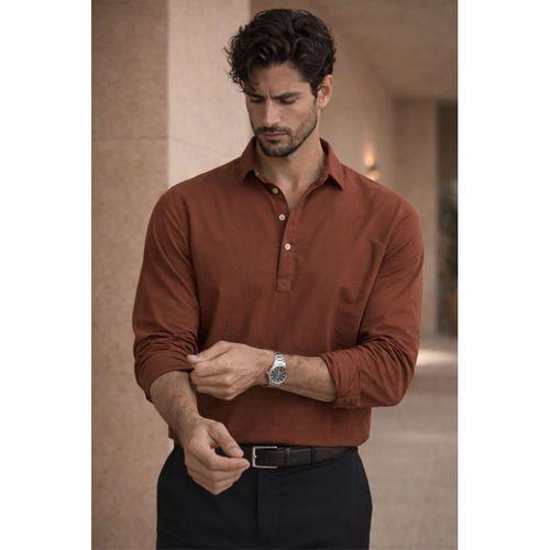 Yarım Pat Yakalı York Pamuk Kumaşlı Uzun Kollu Erkek Gömlek - Koyu Kahve