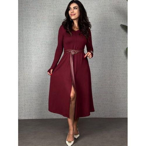 Kadın Uzun Kollu Yakalı Belden Deri Detaylı Kuşaklı Yırtmaçlı Midi Viskon Iki Iplik Elbise