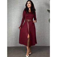 Kadın Uzun Kollu Yakalı Belden Deri Detaylı Kuşaklı Yırtmaçlı Midi Viskon Iki Iplik Elbise