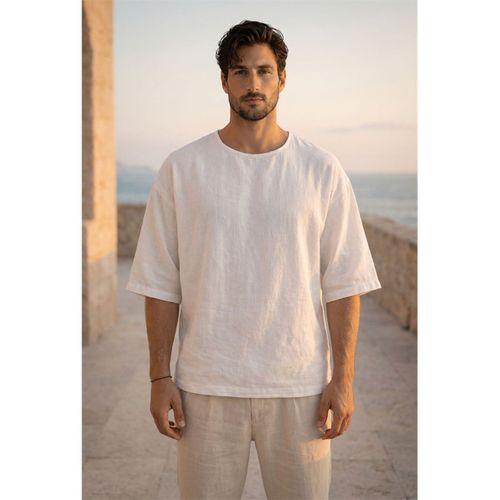 Castiel Bisiklet Yaka Fakir Kol Oversize Kısa Kol T-shirt - Beyaz