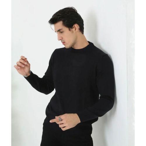 Erkek Bisiklet Yaka Triko Kazak Yumuşak Dokulu Pamuklu Ince Dokuma, Uzun Kollu Rahat Regular Kalıp - Siyah