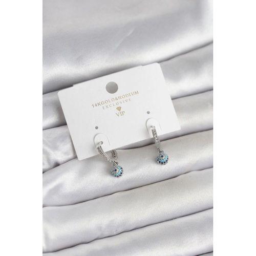 Minimal Nazarlı Model Gümüş Renk Zirkon Taşlı Kadın Küpe