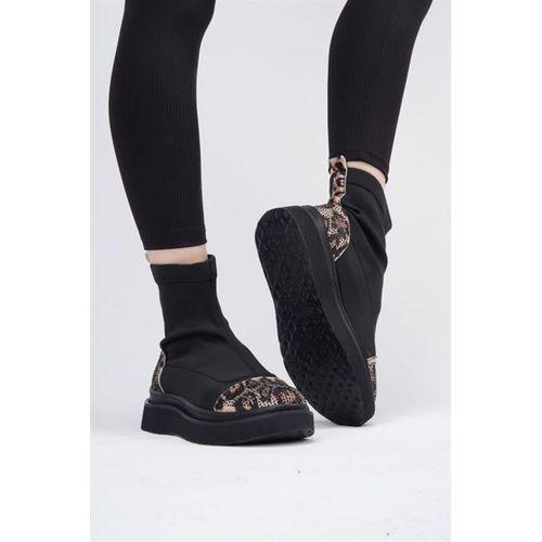 Afron Siyah Renkli Leopar Deri Detaylı Taşlı Kışlık Kadın Bot