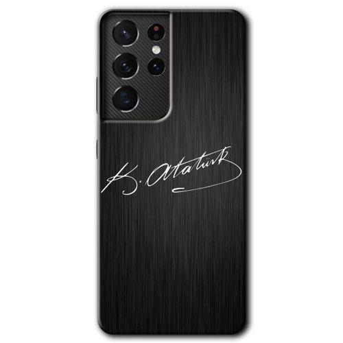 MRCİLETİSİM Samsung Galaxy S21 Ultra Kılıf HD Desen Baskılı Arka Kapak + Temperli Cam - İmza Atatürk