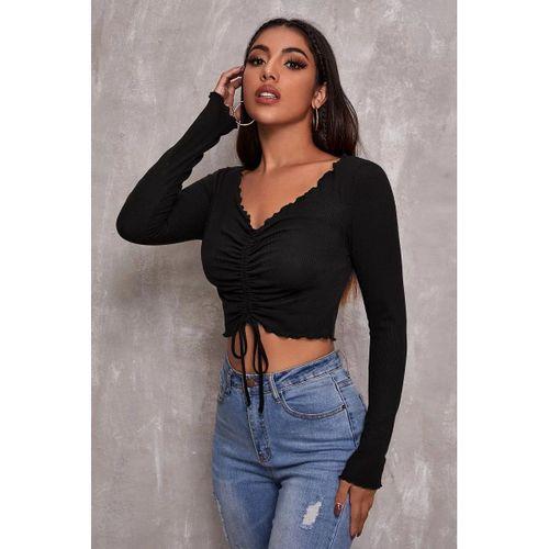 Kadın Siyah Uzun Kollu Büzdürme Bağcık Detaylı Crop Top Bluz
