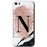 iPhone 5 Kılıf HD Desen Baskılı Arka Kapak + Mat Kobra Cam - Pembe Mermer Desenli N Harfi