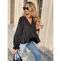 Kadın Uzun Kollu V Dantel Yaka Aerobin Bluz