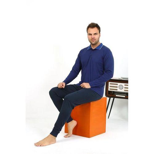 Erkek Polo Yaka Uzun Kol Penye Pijama Takımı Lacivert