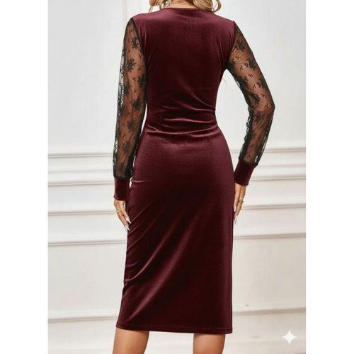 Kadın Uzun Kollu Kruvaze Yakalı Yandan Düğmeli önden çapraz Kesin Detaylı Midi Kadife Elbise