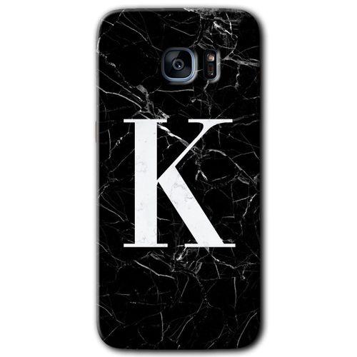MRCİLETİSİM MRCİLETİSİM Samsung Galaxy S7 Edge Kılıf HD Desen Baskı Arka Kapak + Temperli Cam - Siyah Mermer Desenli K Harf