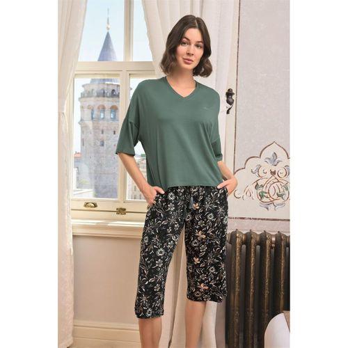 Çiçek Ve Yaprak Desenli V Yaka Büyük Beden Kapri Takımı