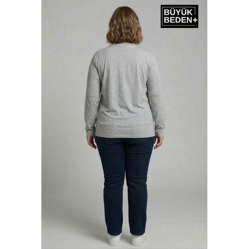 Kadın Büyük Beden Uzun Kollu 2 İplik Bisiklet Yaka Tişört