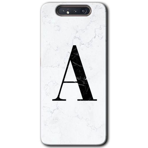 Samsung Galaxy A80 Kılıf Baskılı Kapak - Beyaz Mermer Desenli A Harfi + 5D Tam Kaplayan Cam