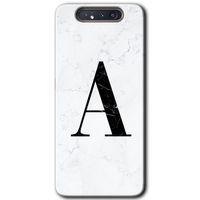 Samsung Galaxy A80 Kılıf Baskılı Kapak - Beyaz Mermer Desenli A Harfi + 5D Tam Kaplayan Cam