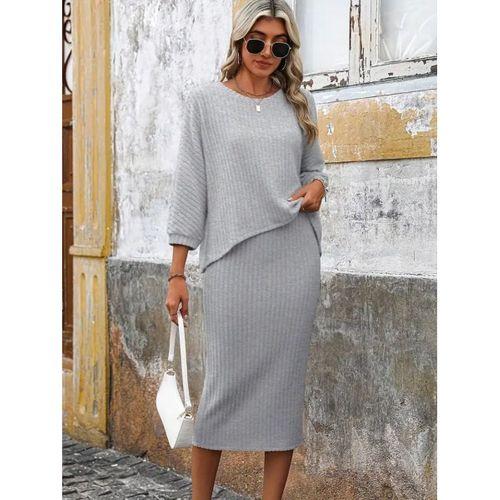 Kadın Uzun Kollu Yuvarlak Yakalı şardonlu Kaşkorse Bluz Ve Etek Ikili Takım