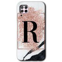 MRCİLETİSİM Huawei P40 Lite Kılıf HD Desen Baskılı Arka Kapak + Temperli Cam - Pembe Mermer Desenli R Harfi