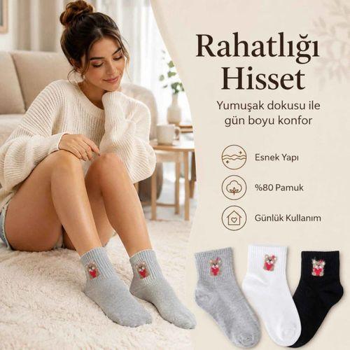 Kadın Ayıcık Desenli Kısa Konç Çorap 3'lü | %80 Pamuklu Dikişsiz, Siyah Beyaz Gri