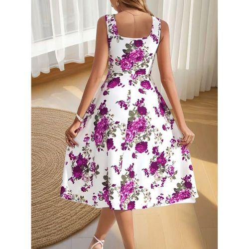 Kadın Askılı Kare Yakalı çiçek Desenli Midi Dalgıç Elbise